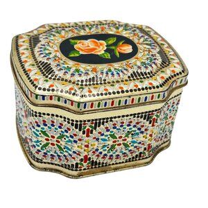 Embossed Vtg Floral Mosaic Treat Trinket Tin Hinged Lid Litho Design England